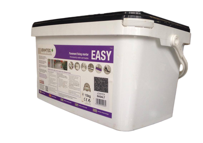 A 15kg tub of JOINTEX Easy Joint pavement mortar in Basalt colour on a white background.