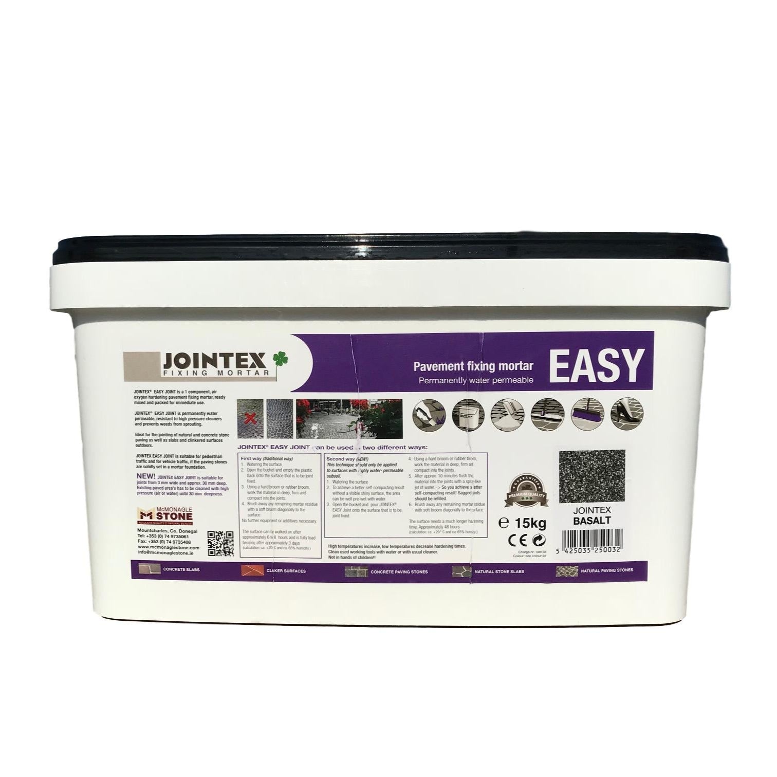 A 15kg tub of JOINTEX Easy Joint pavement mortar in Basalt color, with packaging that includes product information and branding.