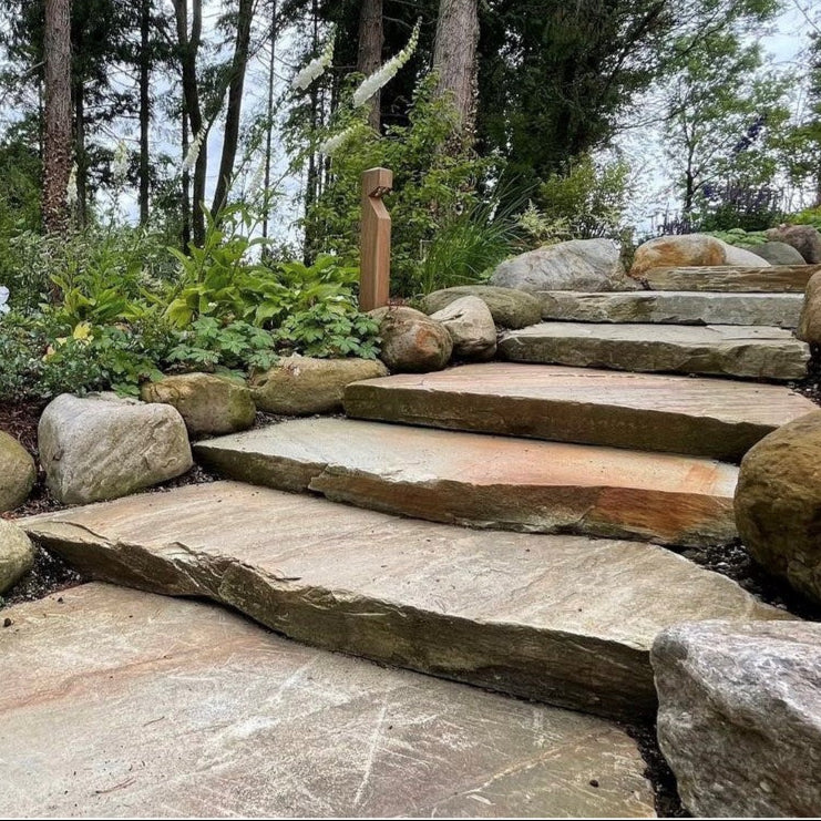 Natural stone steps leading up a hill with trees and plants in the background