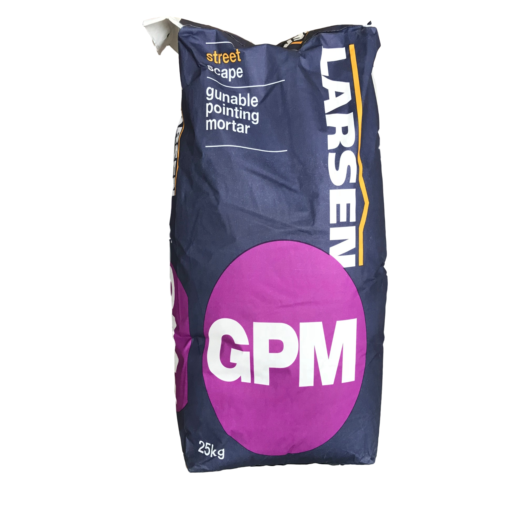 A 25kg multi-wall paper sack of Larsen Streetscape GPM Eco gun applied jointing mortar with purple and blue packaging.
