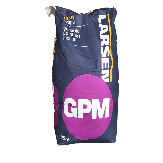 A 25kg multi-wall paper sack of Larsen Streetscape GPM Eco gun applied jointing mortar with purple and blue packaging.