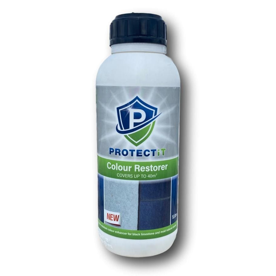 A white bottle with a blue and green label, branded as PROTECTiT Colour Restorer, with a capacity of 1 litre.