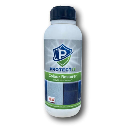 A white bottle with a blue and green label, branded as PROTECTiT Colour Restorer, with a capacity of 1 litre.