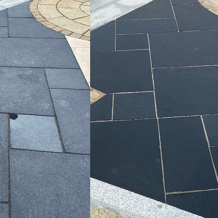 Black Limestone paving before and after application of PROTECTiT Colour Restorer to enhance and seal the stone. 
