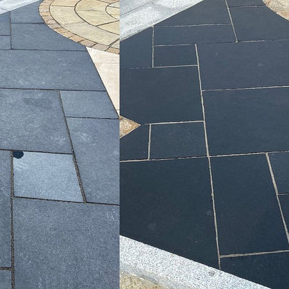 Black Limestone paving before and after application of PROTECTiT Colour Restorer to enhance and seal the stone. 