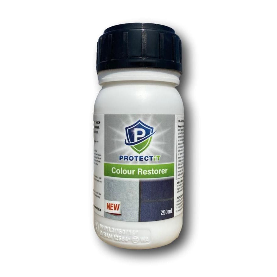 A bottle of PROTECTiT Colour Restorer with a label that includes the product name and information such as 'new', 'colour host', and '250ml'.