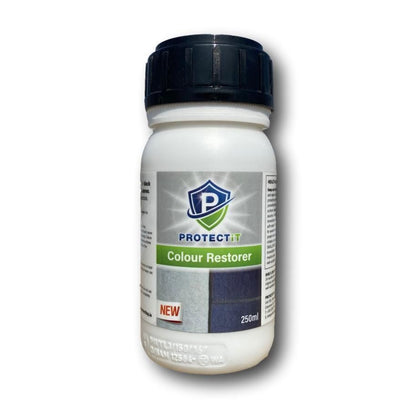 A bottle of PROTECTiT Colour Restorer with a label that includes the product name and information such as 'new', 'colour host', and '250ml'.