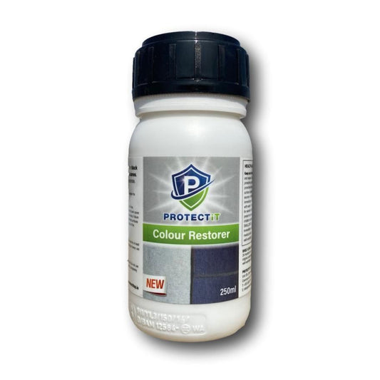 A bottle of PROTECTiT Colour Restorer with a label that includes the product name and information such as 'new', 'colour host', and '250ml'.