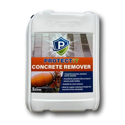 A 5 litre container of PROTECTiT Concrete Remover with a label showing the product name and an image of a concrete surface.