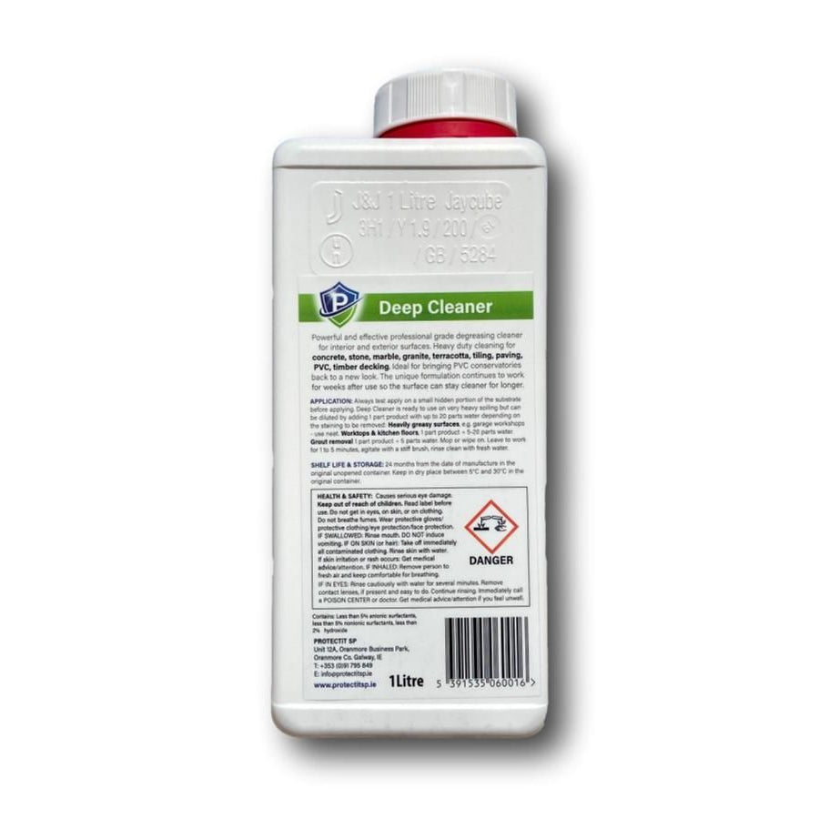 The back of a 1 Litre container of PROTECTiT Deep Cleaner on a white background. 