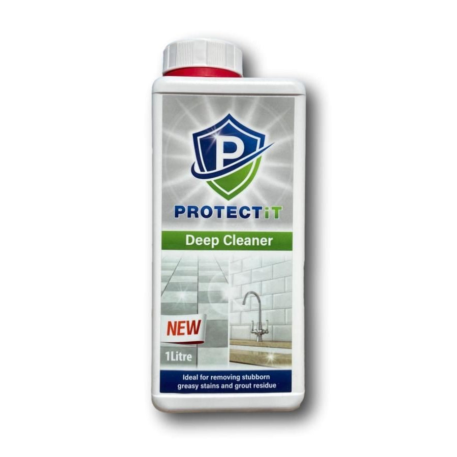 A 1 Litre container of PROTECTiT Deep Cleaner with a white label, blue and green text, and an image of a clean surface.
