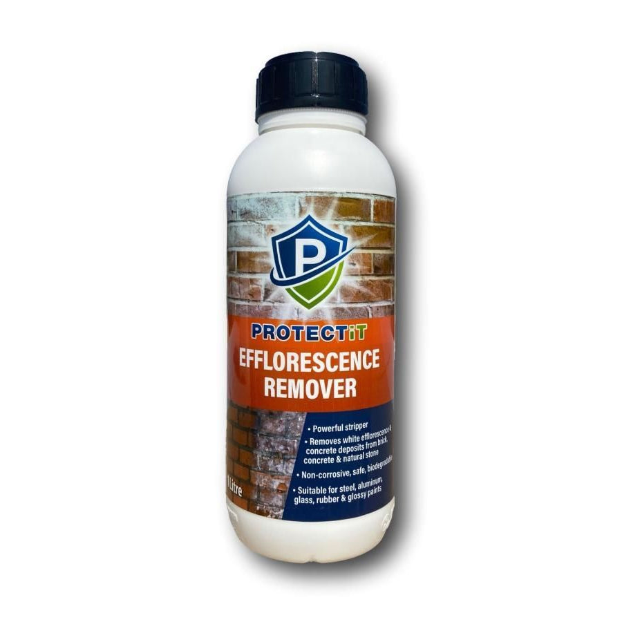 A bottle of PROTECTiT Efflorescence Remover with a label showing the product name and an image of a brick wall, indicating the use of the product on stone surfaces.