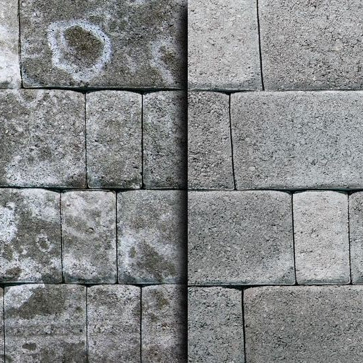 Before and after of cobble paving were PROTECTiT Efflorescence Remover was used to clean white efflorescence staining. 
