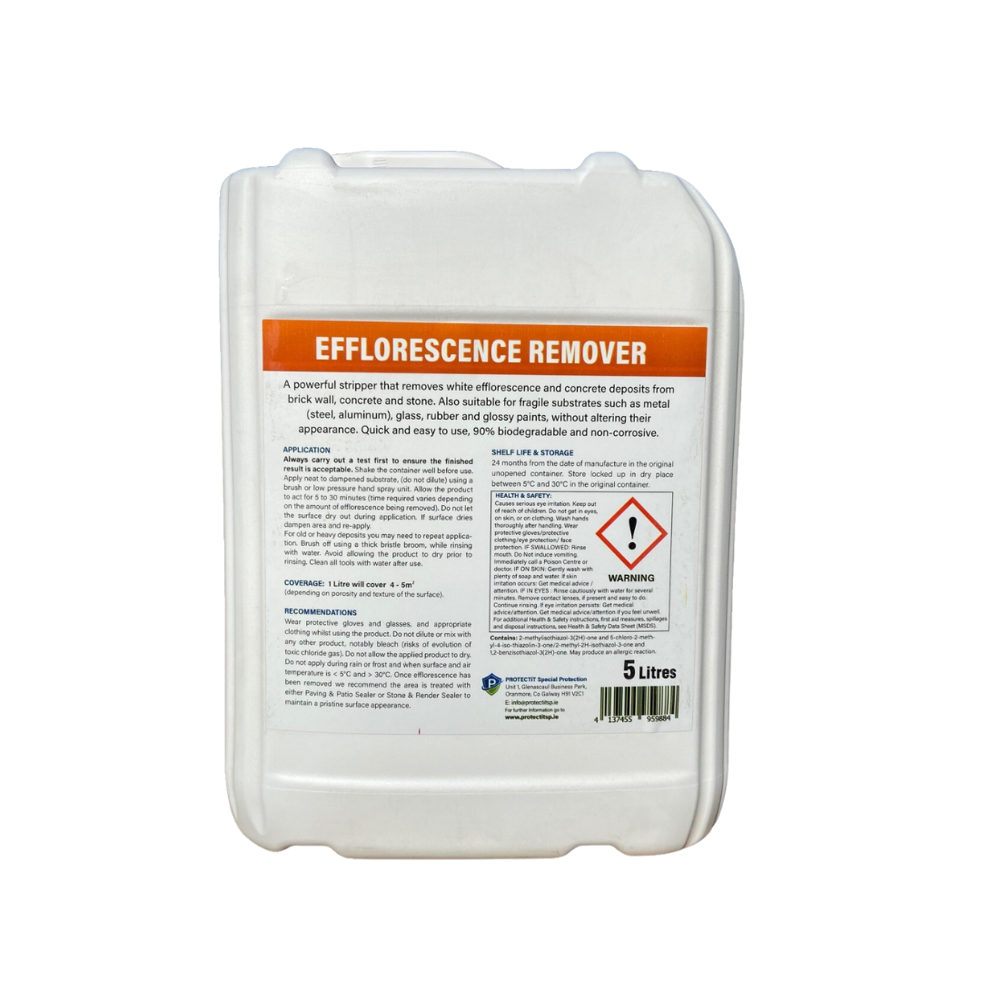 The back of a 5 litre container of PROTECTiT Efflorescence Remover on a white background.