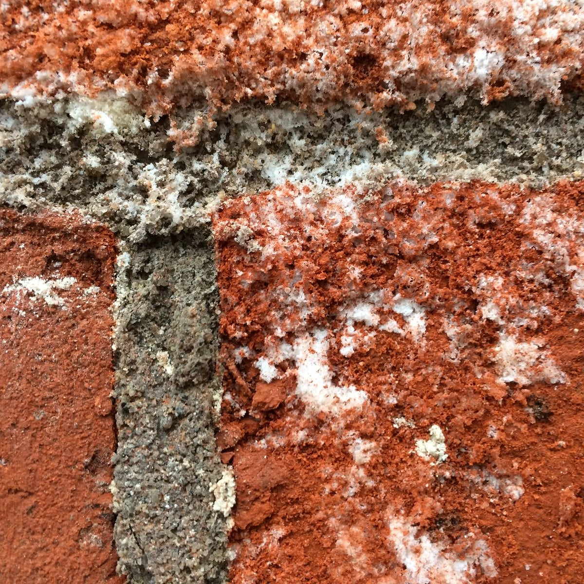 Close up of Efflorescence on red brick wall. 