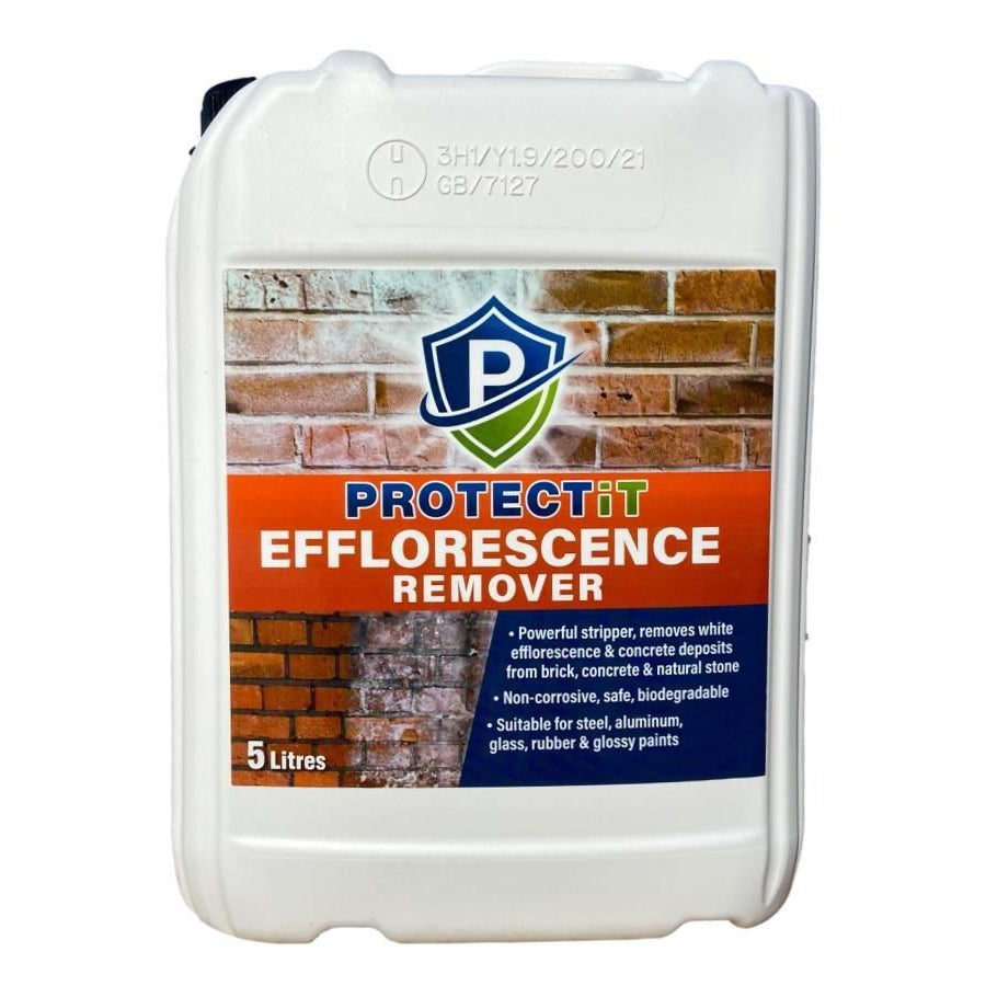 A 5 litre container of PROTECTiT Efflorescence Remover with a label showing the product name and an image of a brick wall in the background.