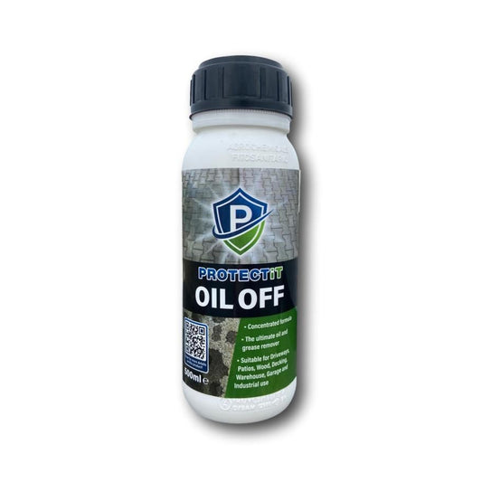 A bottle of PROTECTiT Oil Off cleaner designed for removing oil stains from porous substrates.