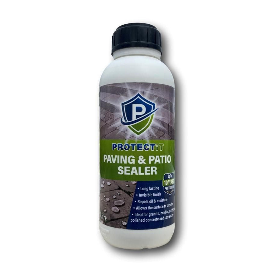 A bottle of PROTECTiT Patio & Paving Sealer with a white and green label, indicating it is a sealer for paving and patios.