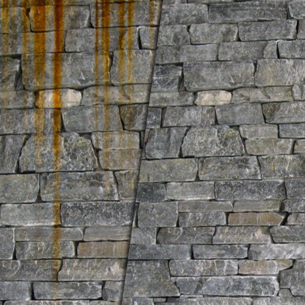 Before and after image of natural stone wall with rust staining. 