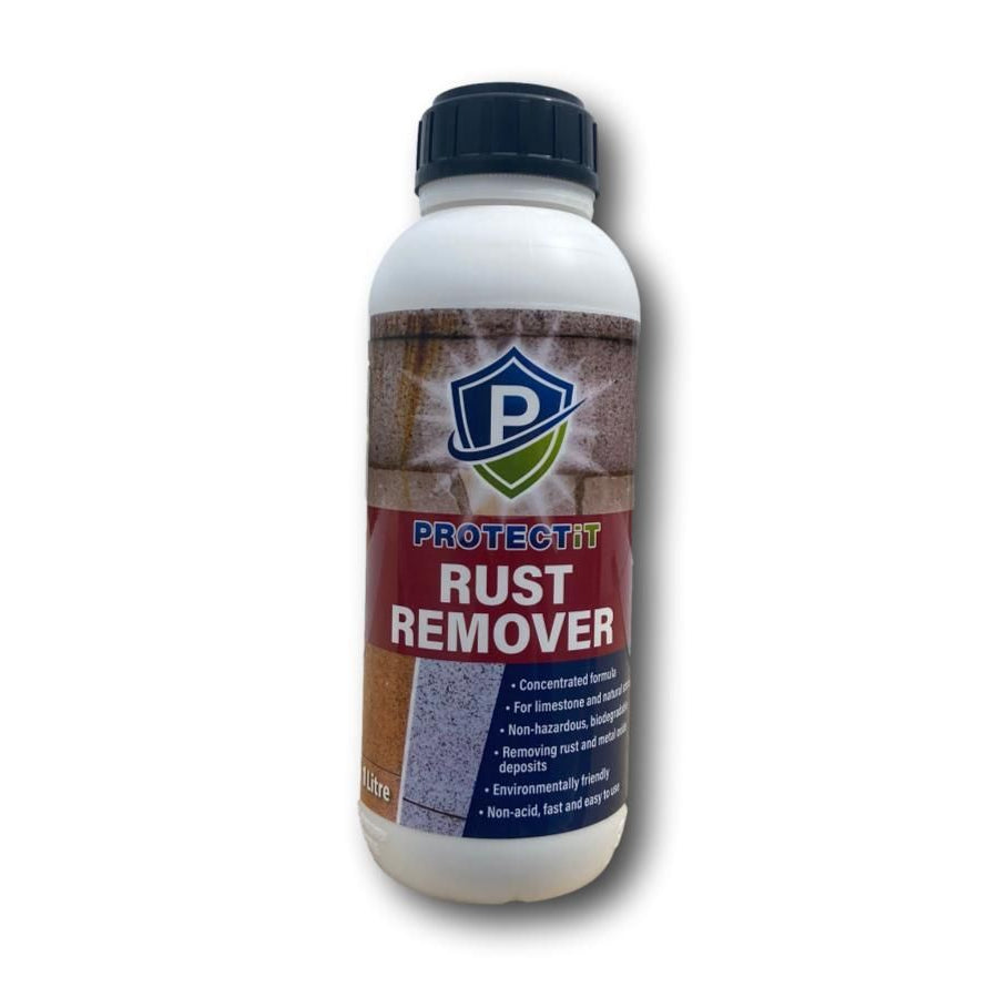 A bottle of PROTECTiT Rust Remover with a white label and a green and red logo, indicating it is a cleaning product for stone surfaces.