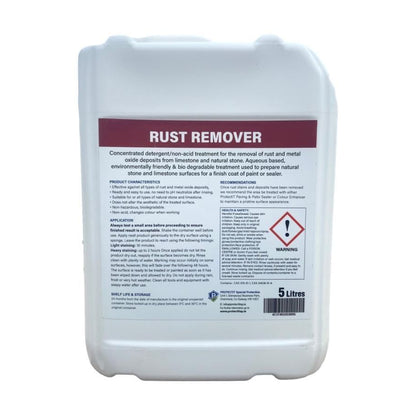The back of a 5-litre container of PROTECTiT Rust Remover with a label showing the product name and an image of a stone surface.