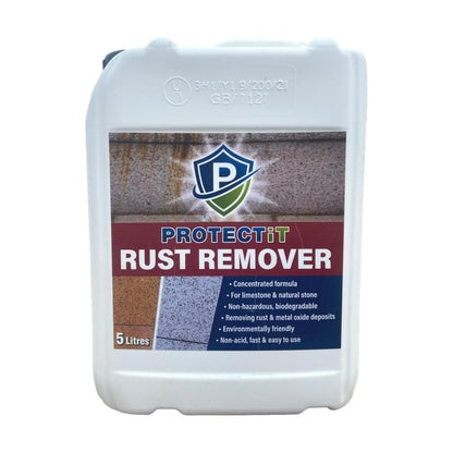 A 5-litre container of PROTECTiT Rust Remover with a label showing the product name and an image of a stone surface.