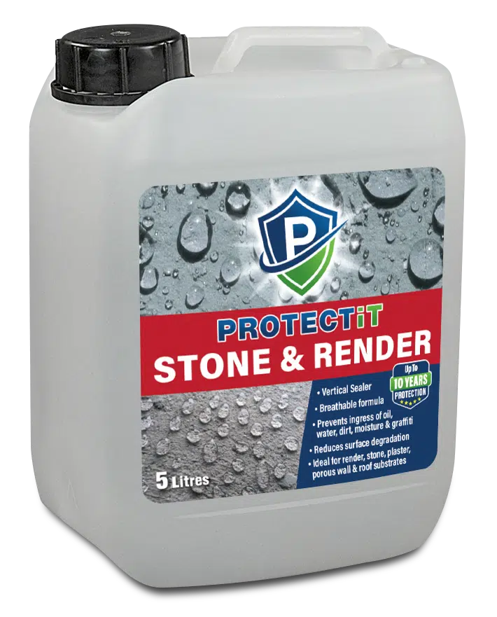 Container of PROTECTiT Stone & Render with branding and product details on a white background