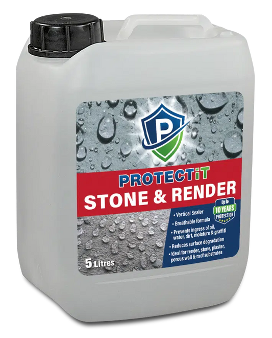 Container of PROTECTiT Stone & Render with branding and product details on a white background