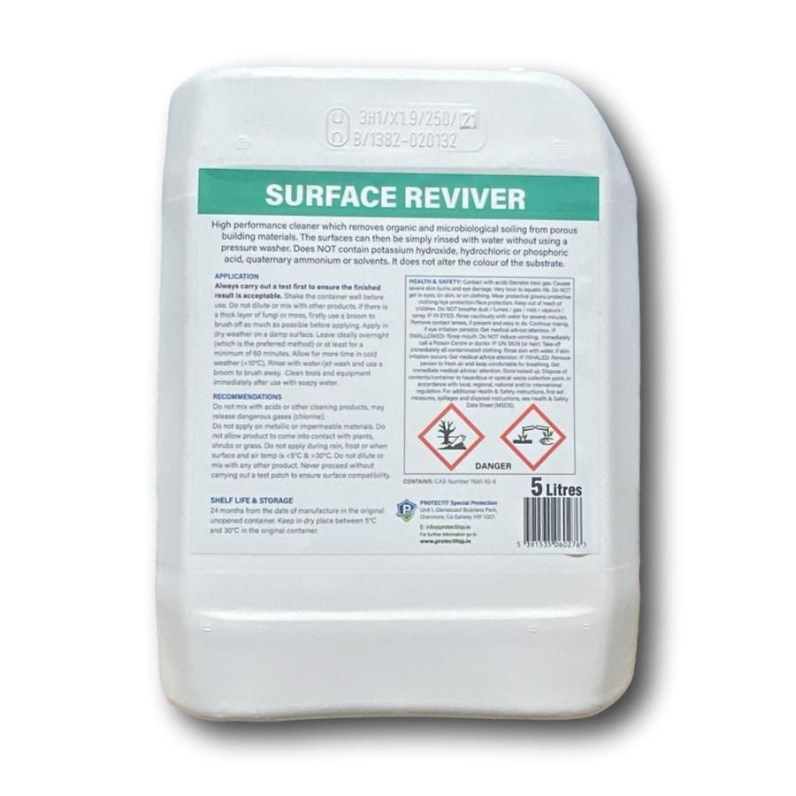 The back of a white bottle of PROTECTiT Surface Reviver on a white background. 