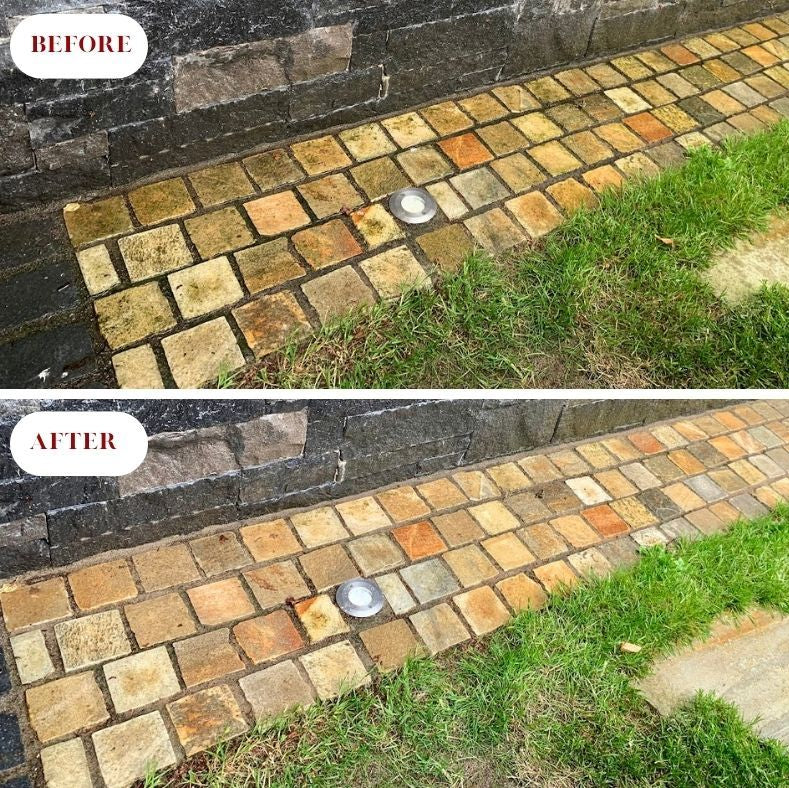 A before and after image of natural stone cobbles where PROTECTiT Surface Reviver was applied to remove dirt and algae. 