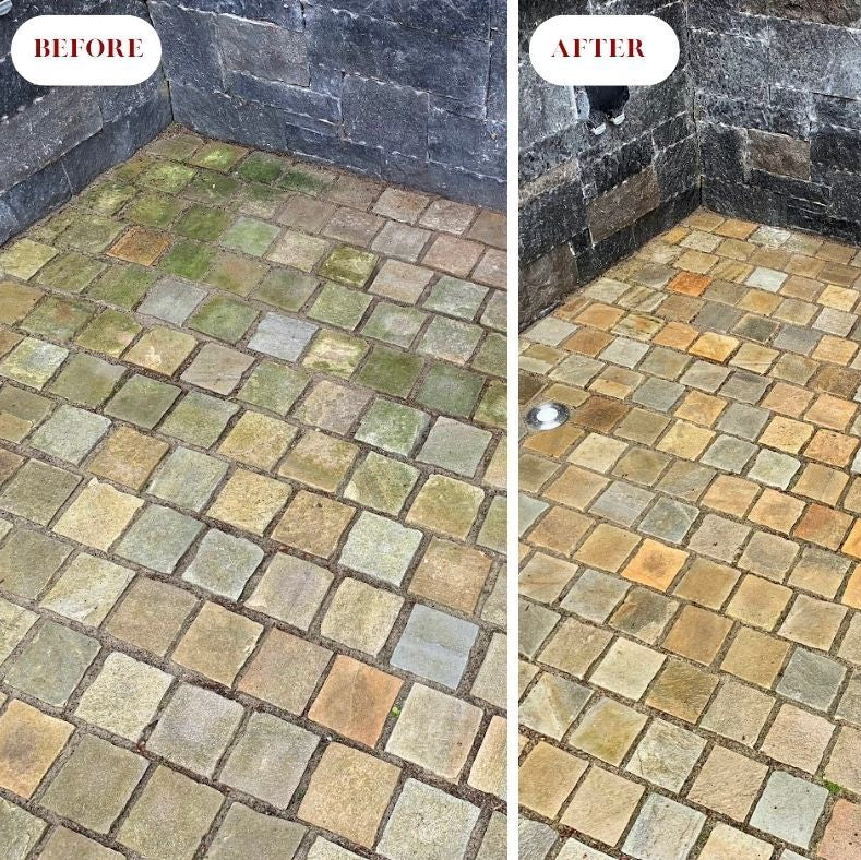 A before and after image of natural stone cobbles where PROTECTiT Surface Reviver was applied to remove dirt and green algae. 