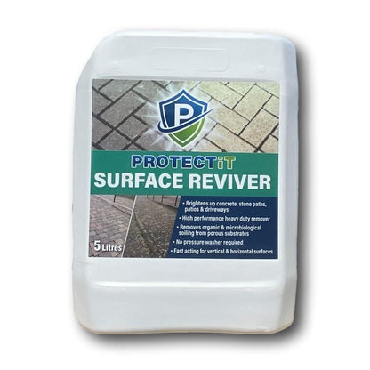 A white plastic bottle of PROTECTiT Surface Reviver with a label showing an image of a cleaned stone surface.