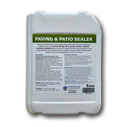 The back of a 5 litre container of PROTECTiT Paving & Patio Sealer with a label showing an image of a clean, wet patio surface.