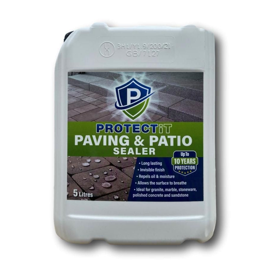 A 5 litre container of PROTECTiT Paving & Patio Sealer with a label showing an image of a clean, wet patio surface.