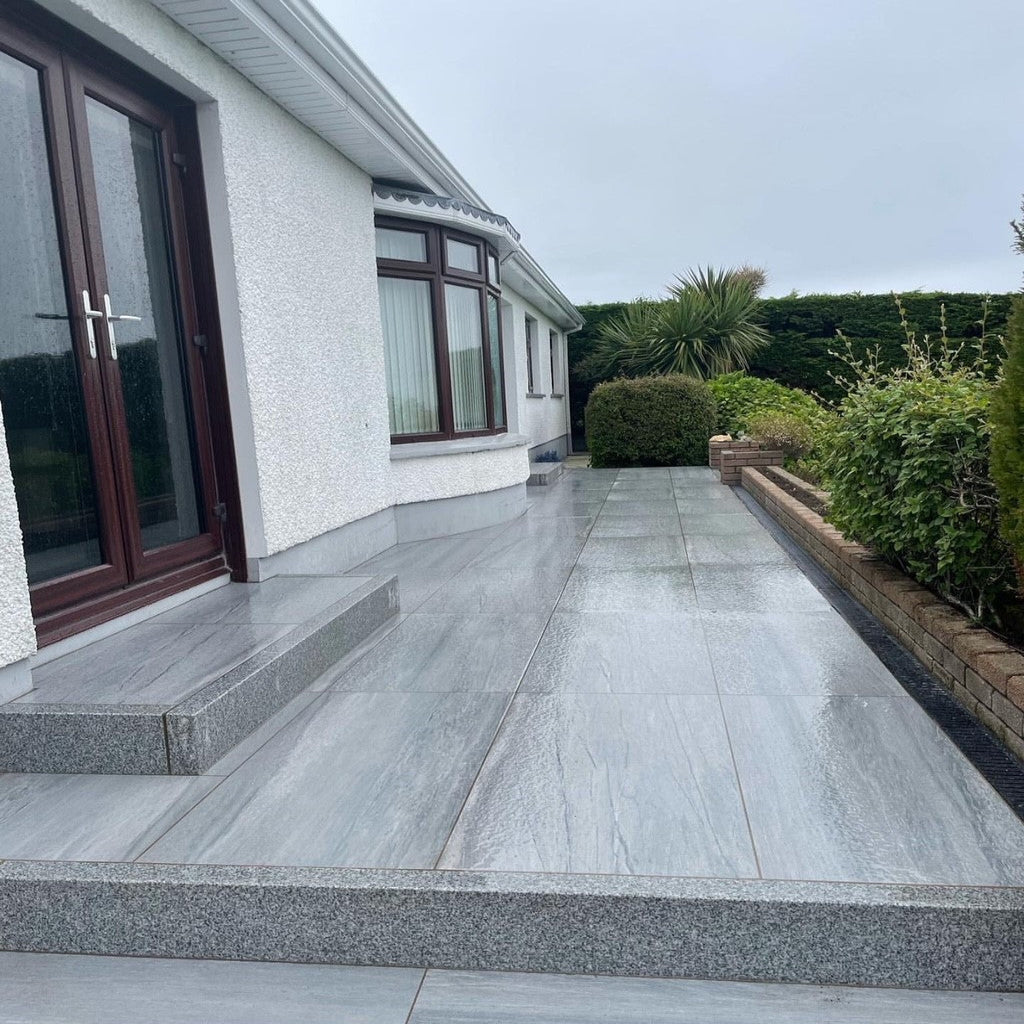 Pathway with steps completed in Pietra Di Vals Porcelain Paving Tiles. 
