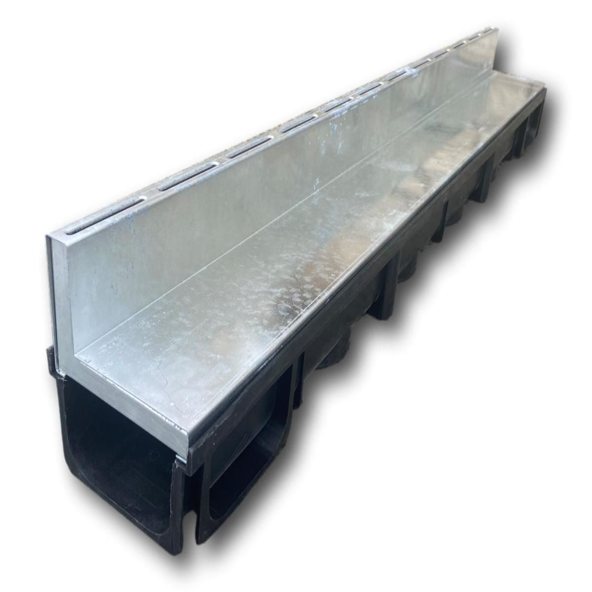 A silver galvanised steel slot channel drain with polypropylene features.