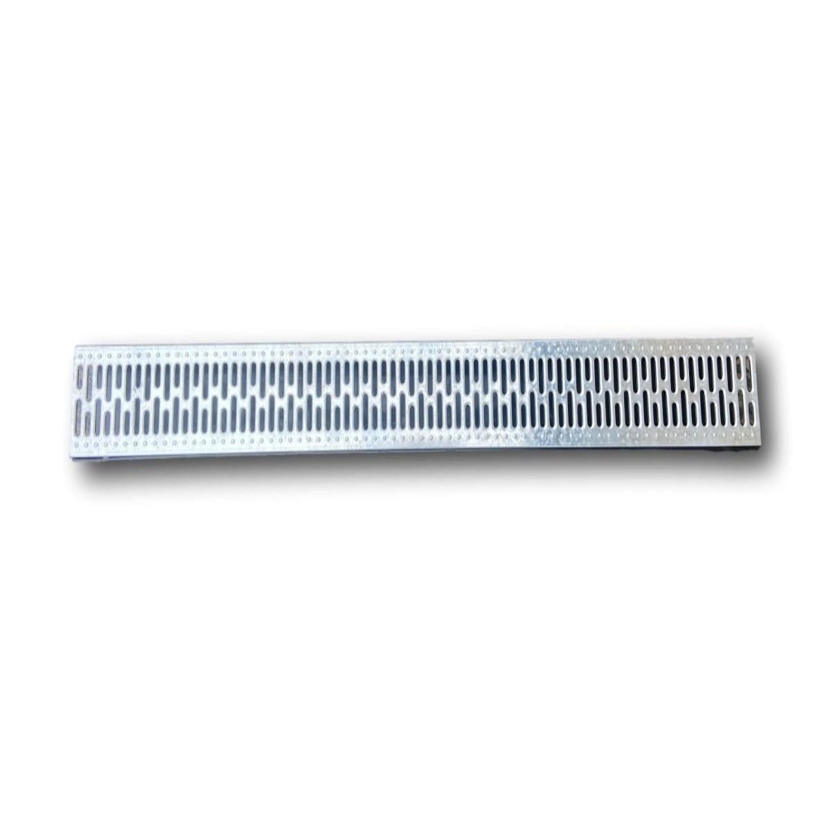 Top view of a STORA Light Channel Drain with Galvanised Grating. 