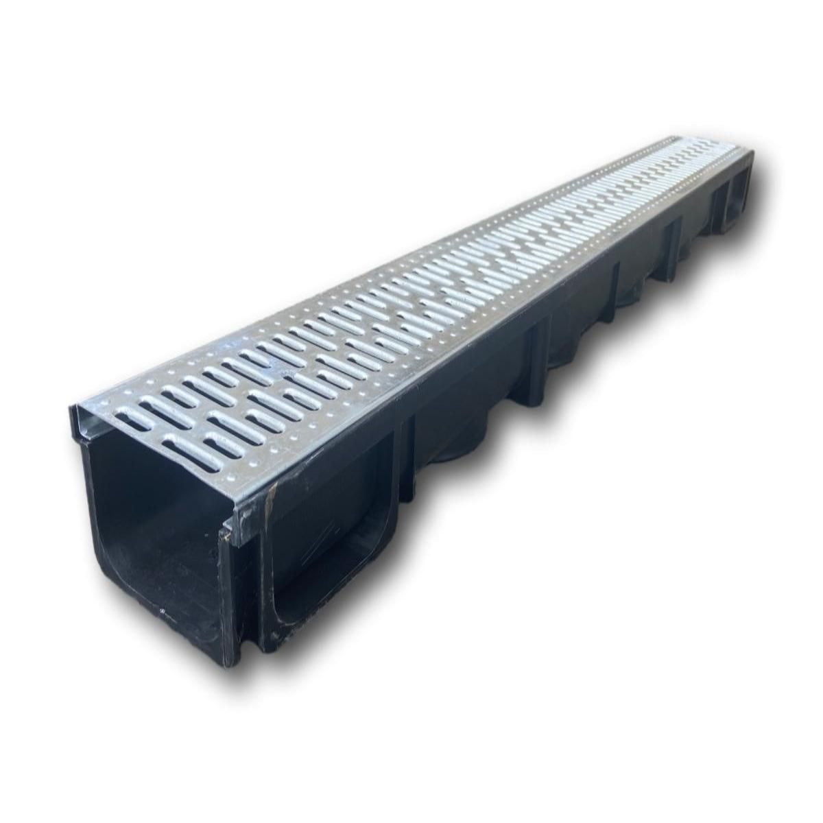 STORA LIGHT Channel Drain with a galvanised grating section in the middle on a white background. 