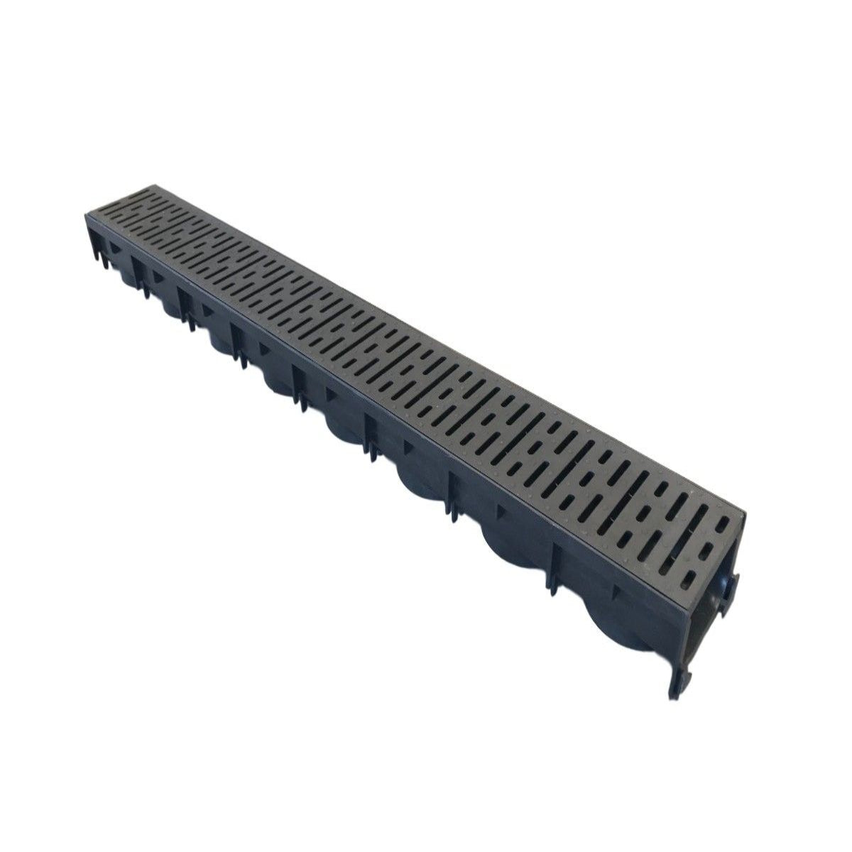 A black PVC channel drain with a slotted grating, designed for plumbing and landscaping applications.