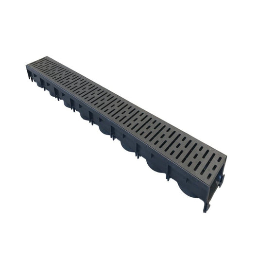 A black PVC channel drain with a slotted grating, designed for plumbing and landscaping applications.