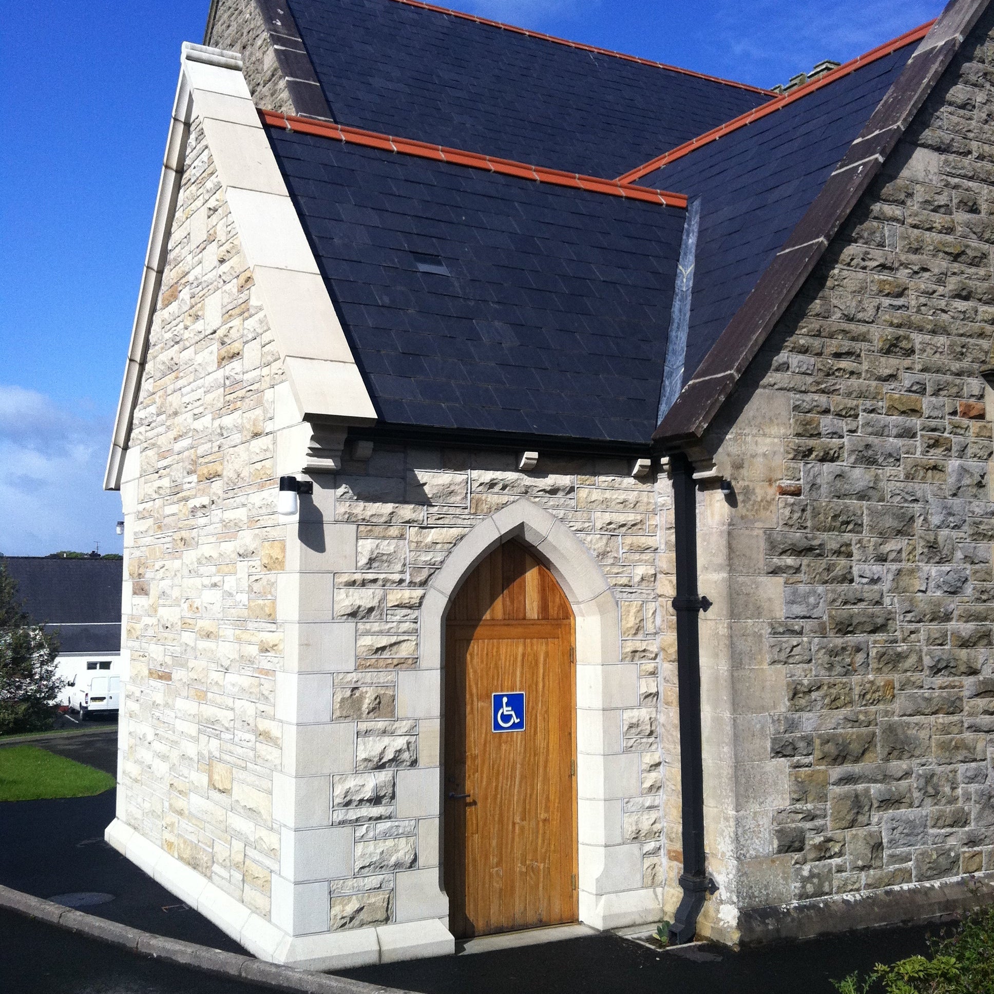 Church extension with stonework completed in Sawn Bed Sandstone Machined.