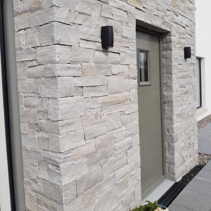 Close up of stone porch with Silver Donegal  Quartzite Stoneer Cladding Corners. 