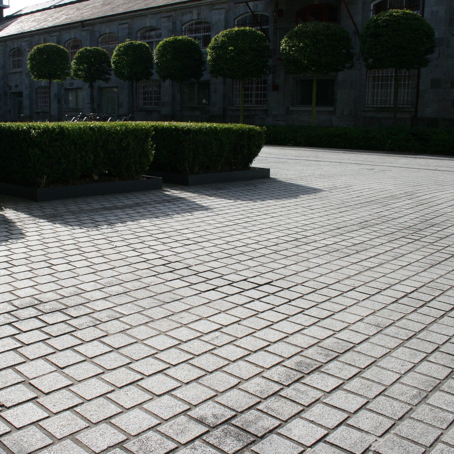 Paved area with neatly trimmed hedges and trees in the background. Paving features sawn Silver Granite Paving Cobbles. 