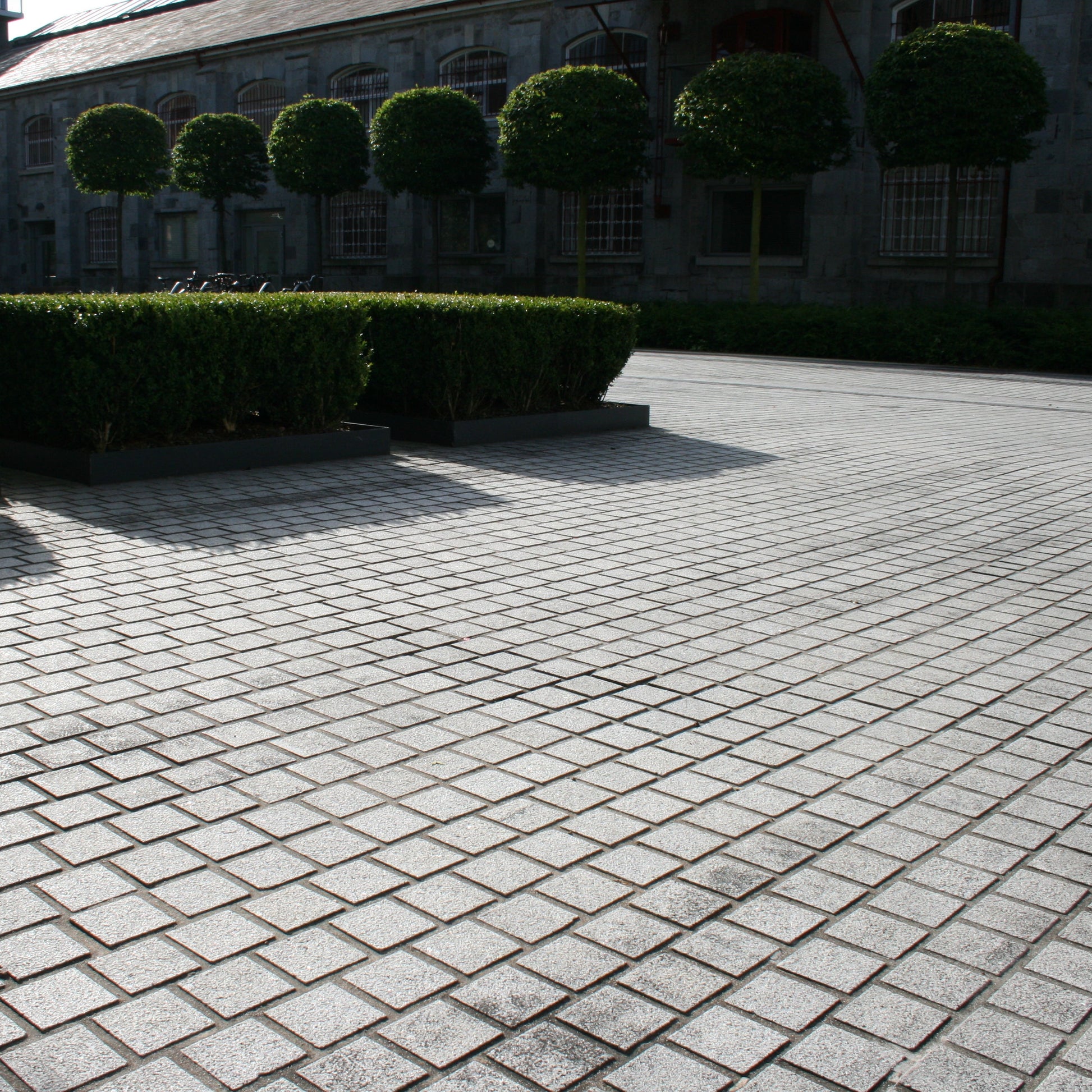 Paved area with neatly trimmed hedges and trees in the background. Paving features sawn Silver Granite Paving Cobbles. 