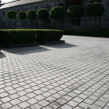 Paved area with neatly trimmed hedges and trees in the background. Paving features sawn Silver Granite Paving Cobbles. 