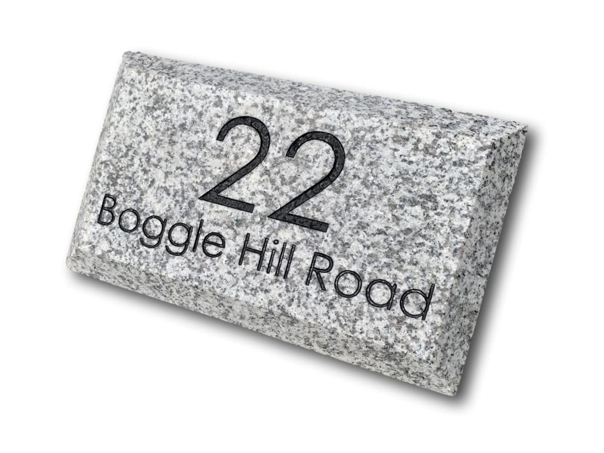 Rectangular Silver Granite plaque with engraved text '22 Boggle Hill Road' on a white background