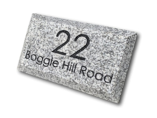 Rectangular Silver Granite plaque with engraved text '22 Boggle Hill Road' on a white background