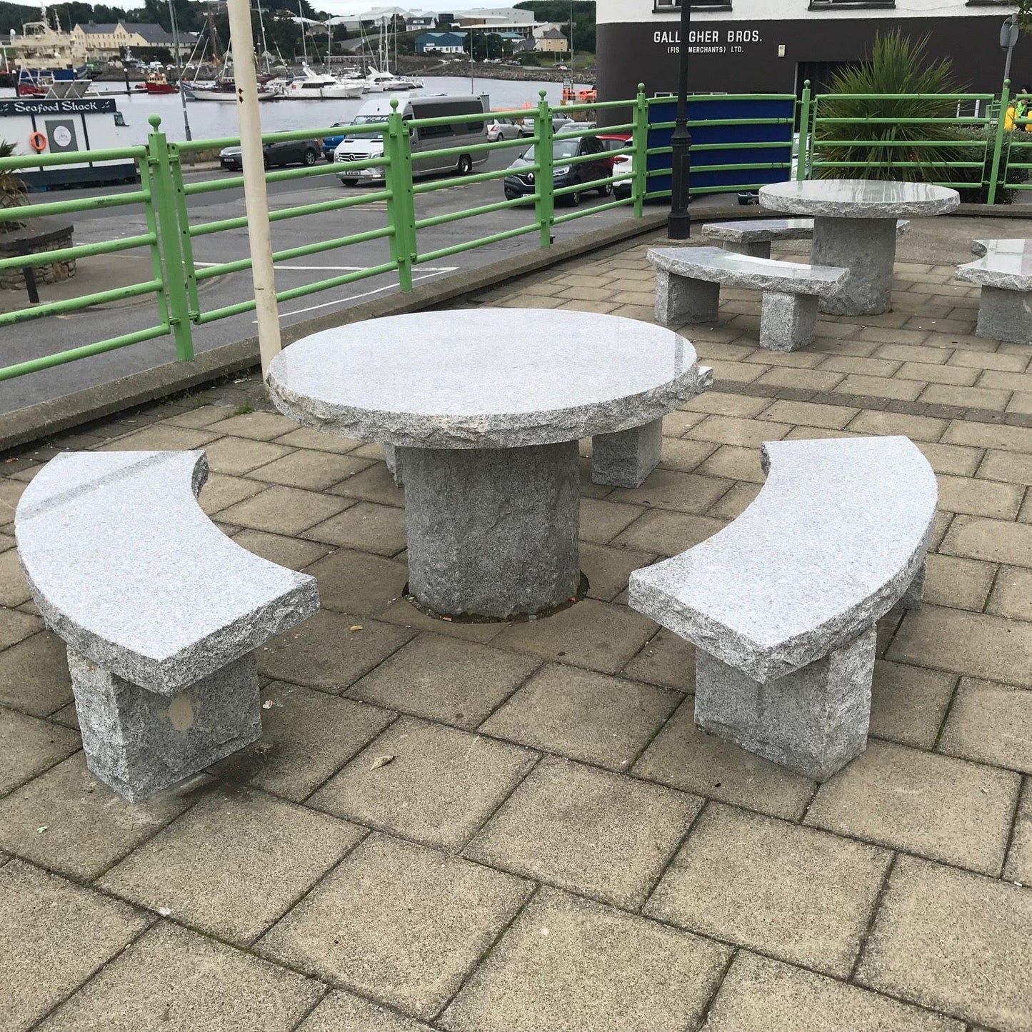 Two Silver Granite Table & Bench Sets on a public picnic area in Killybegs, Co. Donegal. 