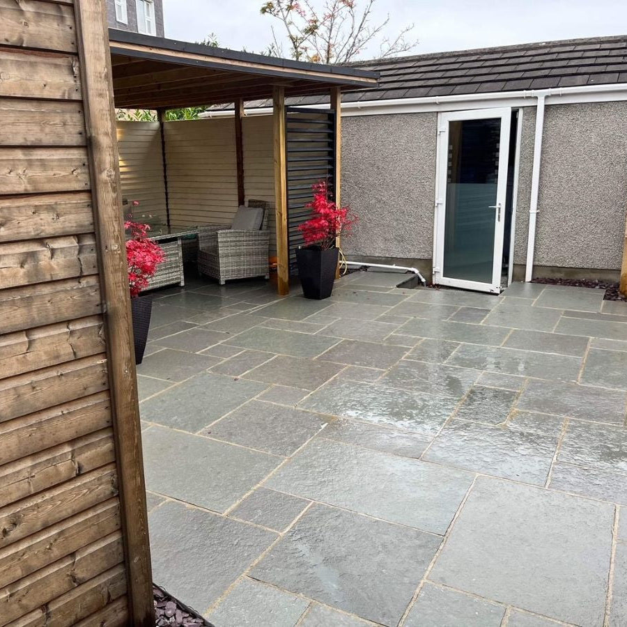 Backyard featuring T-Grey Limestone Paving in mixed sizes. 
