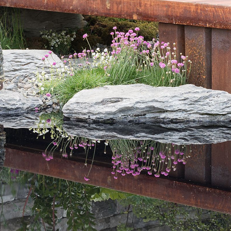 Pond featuring waterworn limestone karst stones and flowers. 